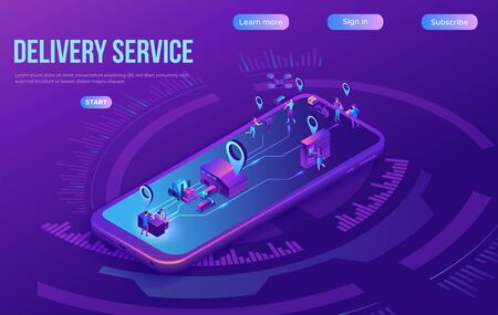 Isometric delivery service with truck at warehouse, smart logistics company illustration, smartphone, shipment by plane, car, landing page template, ui design, people receive parcel at packstationのイラスト素材