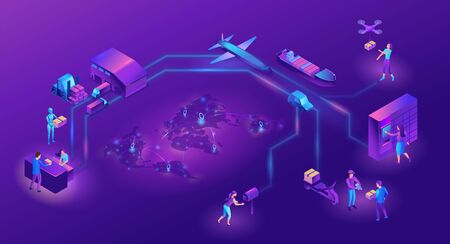 Delivery service illustration with a process of delivering parcel, warehouse with trucks and boxes, shipment by car, maritime transport, people receive goods by courier, by drone, in packstationのイラスト素材