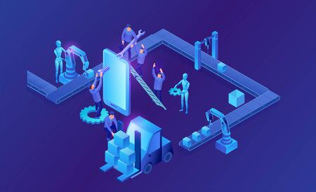 Assembly line isometric vector 3d illustration with people and robots, neon blue factory concept, plant with conveyor belt and workers putting package to forkliftのイラスト素材