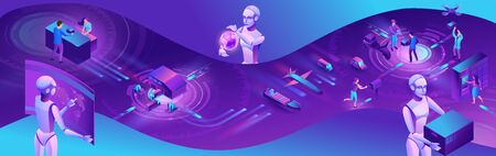 Isometric delivery service with truck, horizontal banner, smart logistics company illustration, artificial intelligence managing transport system, robot watching screen with map, airplane, carのイラスト素材
