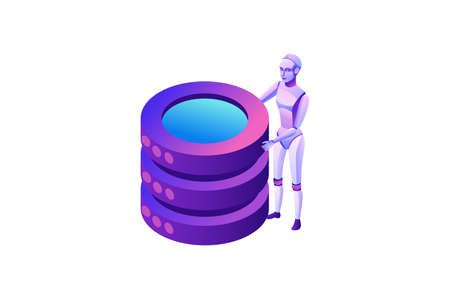 Robotic process automation concept with robot and database, robotic character holding cylinders, extracting information from websites, digital technology service, 3d isometric vector illustrationのイラスト素材