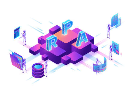 Robotic process automation concept with robots working with data, arms moving files, extracting information from websites, digital technology service, 3d isometric vector illustrationのイラスト素材
