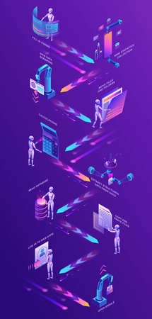 Robotic process automation vertical concept with robots working with data, arms moving files, extracting information from websites, digital technology service, 3d isometric vector illustrationのイラスト素材