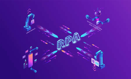 Robotic process automation concept with robots working with data, arms moving files, extracting information from websites, digital technology service, 3d isometric vector illustrationのイラスト素材