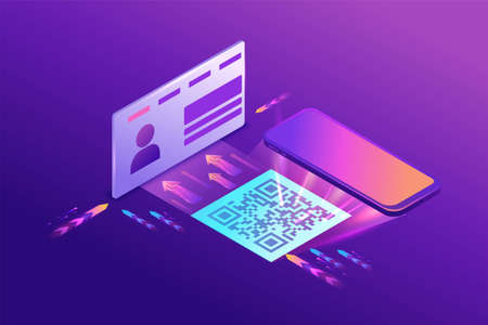 Register on the website by using qr code, user enters the web page working with interface, access to account, 3d isometric vector illustration, purple gradientのイラスト素材
