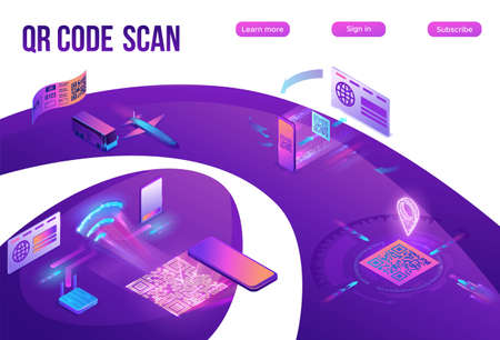 QR code scan isometric infographics with phone making payment, smartphone log in to account, generates url of website, online pay concept, 3d vector illustration of mobile applicationのイラスト素材