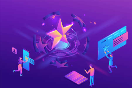 Feedback concept with 3d isometric star icon, customer rate product, client satisfaction survey,...