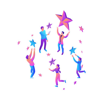 Feedback concept with 3d isometric star icon, customer rate product, client satisfaction survey, people review quality of service, purple vector illustrationのイラスト素材