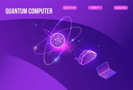 Quantum computer futuristic processor, chip with network, isometric vector illustration, glowing...