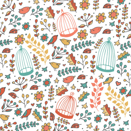Cute hand drawn doodle seamless pattern with birds, cages, leaves, berries, flowers, hearts, stars and forest nature elements. Pattern for textile, card, brochures, wrapping paperのイラスト素材