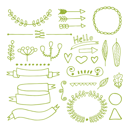 Doodle hand drawn design elements including frames, borders, arrows, heartsのイラスト素材