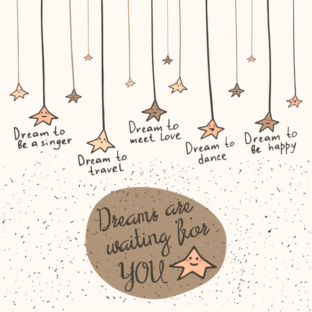 Cute hand drawn doodle card, brochure, postcard with dream stars on the strings and text space. Motivating, inspiration backgroundのイラスト素材