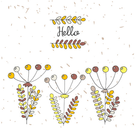 Cute hand drawn doodle card with flower, leaves, branches, berries, text space and vintage texture backgroundのイラスト素材
