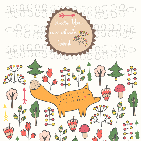 Cute hand drawn doodle card, brochure, cover with orange fox, trees, flowers, berries, mushrooms, leaves, plants, forest nature elements and text space. Motivating quote postcardのイラスト素材