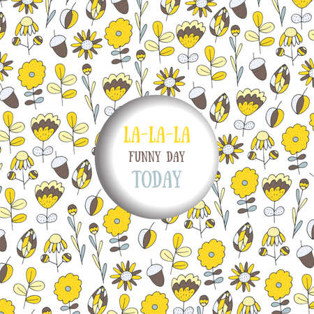 Cute doodle save the date card, invitation, brochure, cover with flowers, berries, leaves, forest nature elements, text space and shadowのイラスト素材