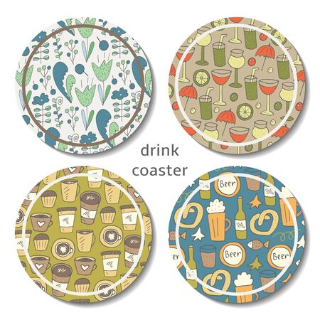 Hand drawn doodle drink coaster. Coffee, tea, beer, cocktail coaster. Coaster with floral designのイラスト素材