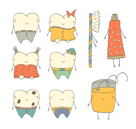 Cute hand drawn doodle boy and girl teeth collection with brush, toothpaste, dental floss, tooth with cariesのイラスト素材