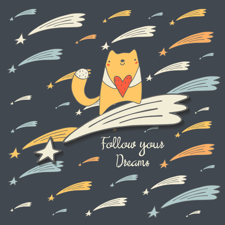 Cute hand drawn doodle card, brochure, cover with falling stars, cat on the star with heart and text space.のイラスト素材