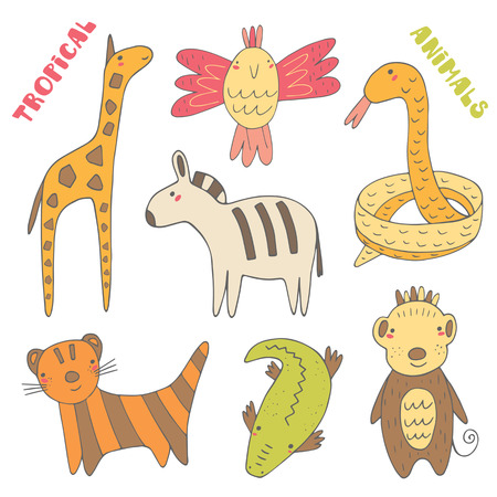 Cute hand drawn doodle tropical animals collection including giraffe, parrot, snake, zebra, tiger, crocodile, monkey. Hot countries wild animals icons, backgroundのイラスト素材