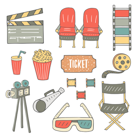 Hand drawn doodle cinema industry objects collection including chair, popcorn, soda, film, camera, glasses, director chair, ticket, loudspeaker, clap board. Cinema icons setのイラスト素材