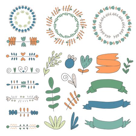 Cute hand drawn doodle design elements collection including dividers, frames, ribbons, nature elements, flowers, plants, leaves. Elements for greeting cards, brochures, invitations, menuのイラスト素材