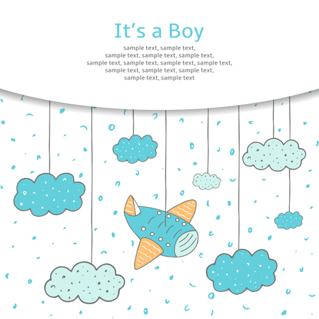 Cute hand drawn doodle baby shower card, cover, background with plane and clouds in the sky. It is a boy postcard.のイラスト素材