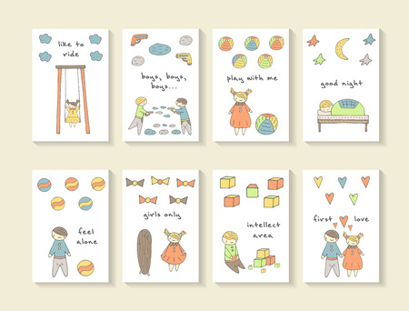 Cards with boys playing with pistols, girl with ball, sleeping boy, girl looking in the mirror, boy playing with cubes, boy and girl in love, boy feeling alone.Background with children activity, lifeのイラスト素材