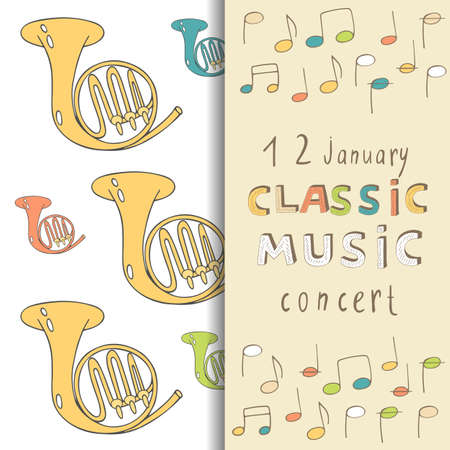 Classic music concert invitation card with doodle french horn, notes, funny font, shadow. French horn concert background, postcard, coverのイラスト素材