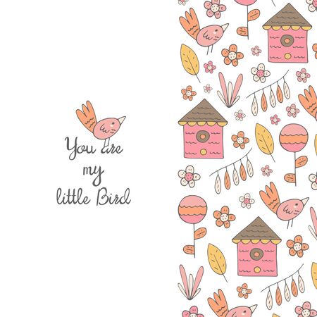 Cute hand drawn doodle postcard, cover with spring bird, flower, plant, leaf, bird house. Baby shower card for child about love, feelings. Romantic background with nature elementsのイラスト素材