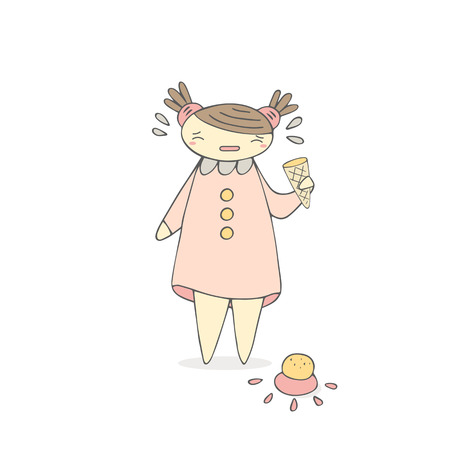 Cute hand drawn doodle crying girl with ice cream on the floor. Background with girl in pink dress. Child emotionsのイラスト素材