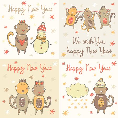 Cute hand drawn doodle happy new year cards with monkey, snowman, snowflakes, snowy cloud, monkey couple, monkey on the rope. Happy new year postcards, covers, backgroundのイラスト素材