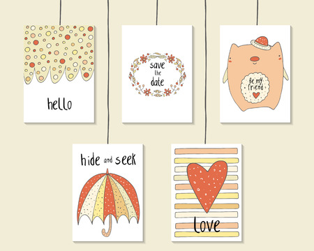 Cute hand drawn doodle baby shower, birthday, party cards, brochures, invitations with circles, frame, leaf, flower, berry, bear, umbrella, heart, stripes. Cartoon animals, objects backgroundのイラスト素材