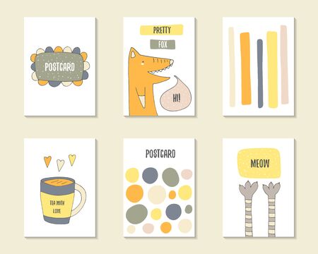 Cute hand drawn doodle baby shower, birthday, party cards, brochures, invitations with circles, frame, cat paws, fox, stripe, cup of tea, heart, dialog bubble. Cartoon animals, objects background.のイラスト素材