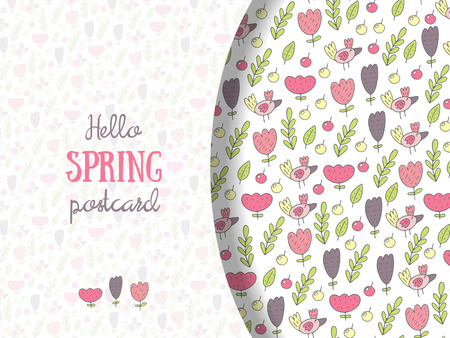 Cute doodle save the date card, invitation, brochure, cover with flowers, tulips, birds, leaves, nature elements, text space, shadow. Postcard for wedding, engagement, birthday of baby shower eventsのイラスト素材