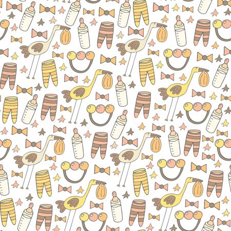 Cute hand drawn doodle seamless pattern with baby shower objects including milk bottle, bow, star, stork, sliders, rattle. Pattern for wrapping paper, cover, fabricのイラスト素材