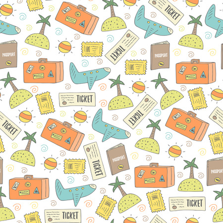 Cute hand drawn doodle travel seamless pattern with plane, sun, island, ticket, passport, stamp, luggage. Travel theme background, coverのイラスト素材