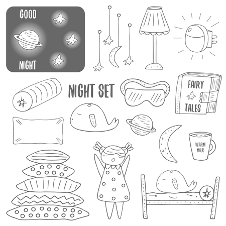 Cute hand drawn doodle night, sleep theme objects collection including lamp, pillow, bed, cup of milk, moon, saturn, stars, sleepy girl, whale, night sky, book with fairy tales, night blindfoldのイラスト素材