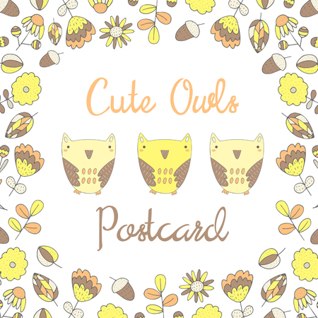 Cute hand drawn doodle owls surrounded with flower frame. Background, postcard, cover with owlsのイラスト素材