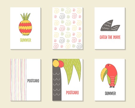 Cute hand drawn doodle birthday, party, baby shower cards, brochures, invitations with pineapple, wave, palm, coconut, toucan, swirls, stripes. Cartoon objects background. Printable templates setのイラスト素材