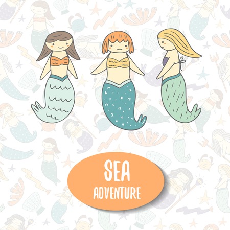 Cute hand drawn doodle postcard with mermaids and text space. Sea theme background, cover, cardのイラスト素材