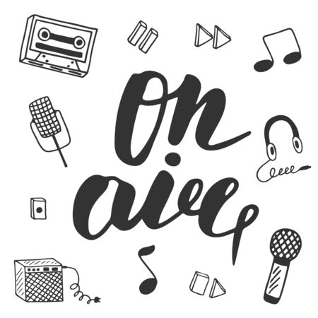 Cute hand drawn postcard with musical objects collection including note, earphones, microphone, recoder, recoder buttons, combo, tape. On air lettering banner for radio, televisionのイラスト素材