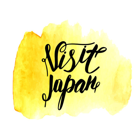 Cute hand drawn visit Japan postcard, card, cover on yellow watercolor spot. Visit Japan lettering quote for banner. Card about traveling, tourismのイラスト素材
