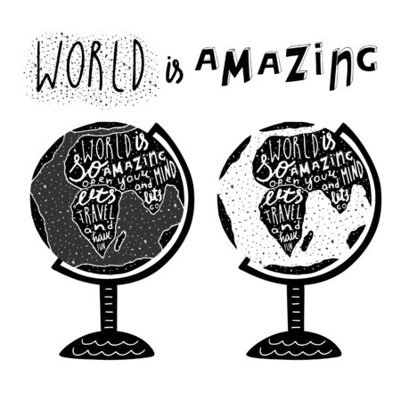 Hand drawn black globe logo with lettering quotes. Lets travel and have fun. Postcard, background with globe and grunge texture. Globe logo for travel sphere, tourism, agency, world map, t shirt printのイラスト素材