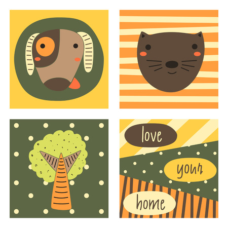 Cute hand drawn doodle cards, brochures, invitations with pets, dog, cat, tree, polka dots, stripes. Cartoon animals, objects background for childrenのイラスト素材