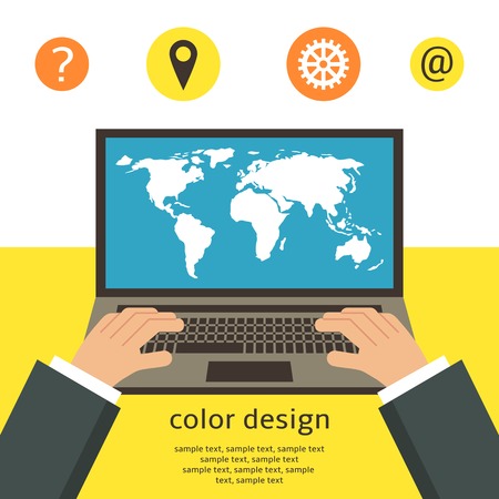Flat style work space, table with laptop, man arms, world map, icons. Background with laptop.のイラスト素材
