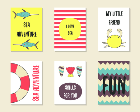 Cute doodle sea theme party cards, brochures, invitations with fish, crab, life buoy, stripes, shells, waves. Cartoon characters, objects for children. Printable templates setのイラスト素材