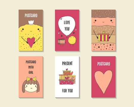 Cute doodle birthday, party, baby shower cards, brochures, invitations with cookie, brownie, girl face, heart, present. Cartoon objects characters background Printable templates setのイラスト素材