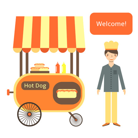 Cute flat style hot dog street cart with shelter, wheels, hot dogs, ketchup, mustard.のイラスト素材