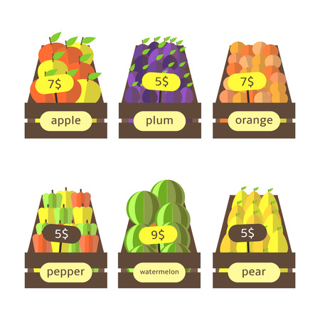 Cute flat style wooden boxes with fruits and vegetables including apples, plums, oranges, peppers, watermelons, pears. Street market, farm boxes with fruits collection. Fruits icons setのイラスト素材