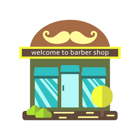 Cute flat style street barber shop with windows, tree, mustache, door. Building iconのイラスト素材